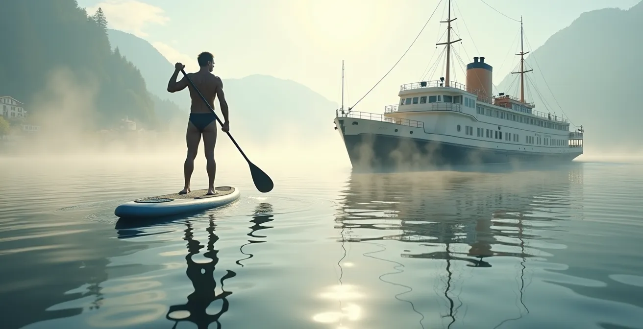 Paddleur respectant la distance de sécurité avec un bateau CGN sur le Léman