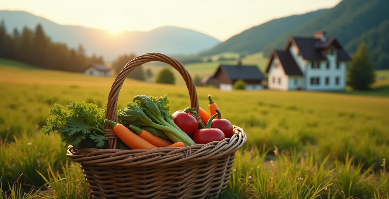 Vue large d'un panier de légumes frais posé dans un champ avec ferme en arrière-plan