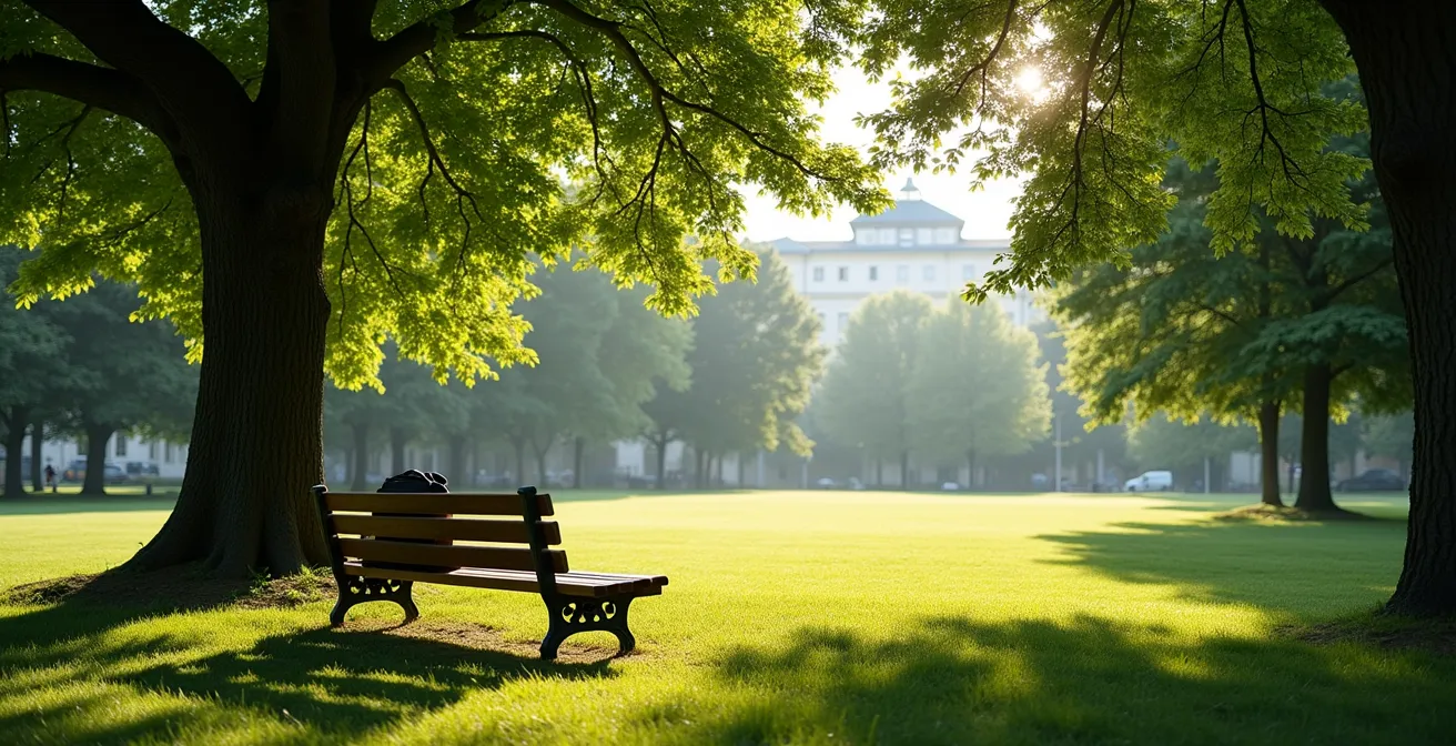 Espace de télétravail naturel dans un parc genevois avec banc isolé sous les arbres