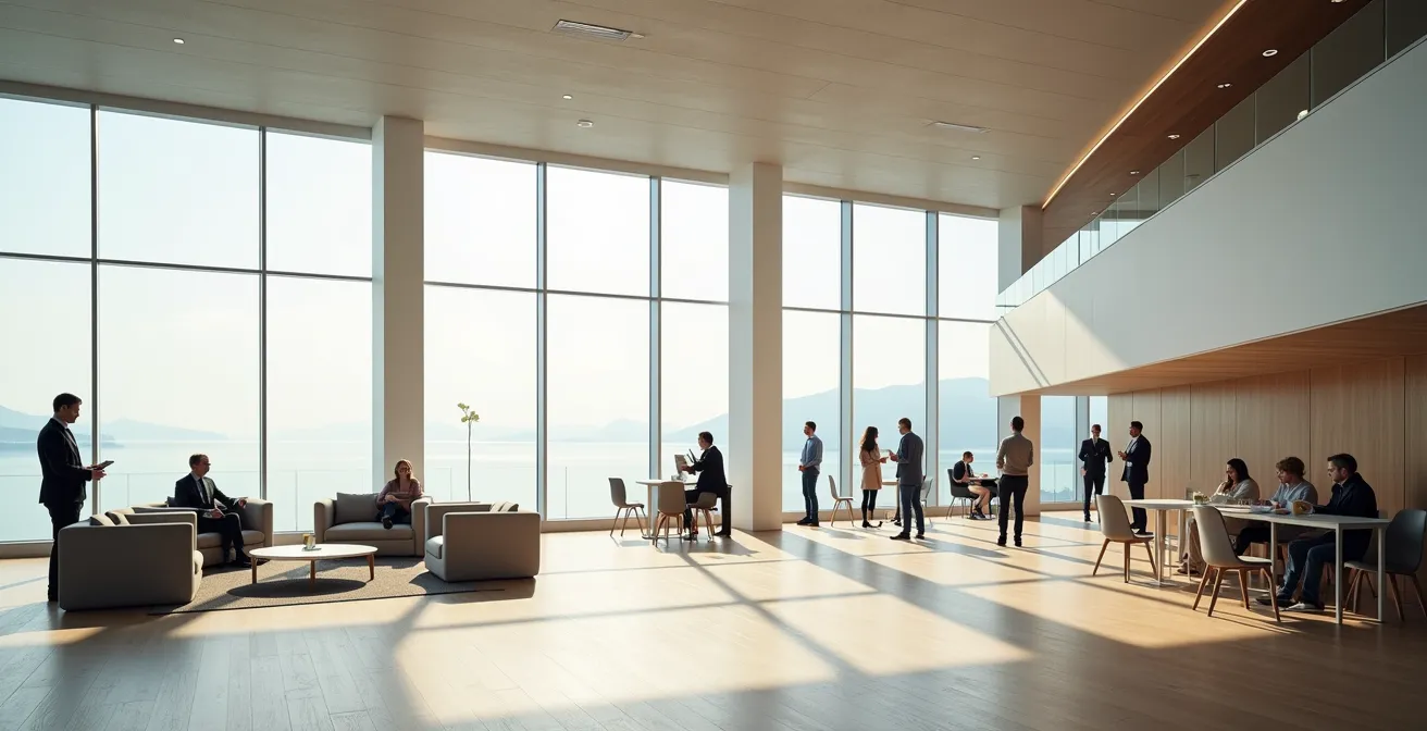 Espace de détente moderne dans un centre de conférence avec délégués en pause