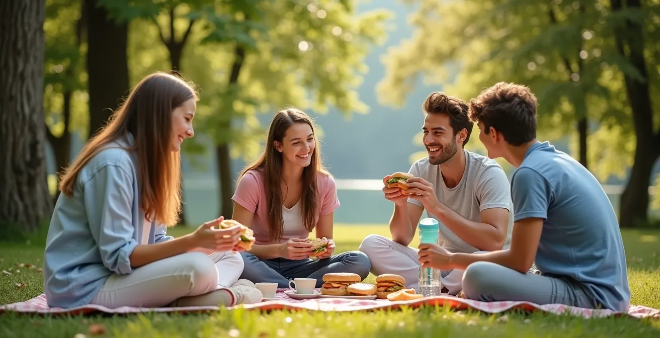 Famille avec adolescents pique-niquant dans le Parc de l'Ariana avec vue sur le Lac Léman