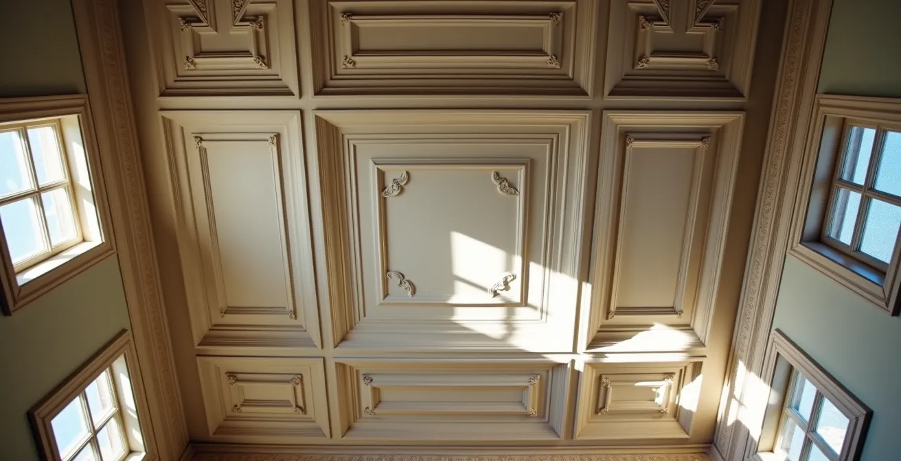 Plafond à caissons restauré avec moulures d'époque dans un appartement genevois