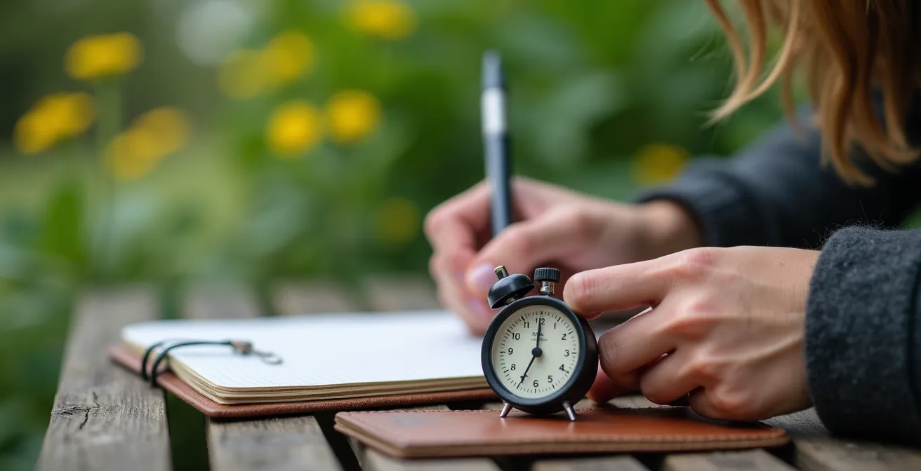 Personne pratiquant la méthode Pomodoro dans un parc genevois avec carnet et minuteur naturel
