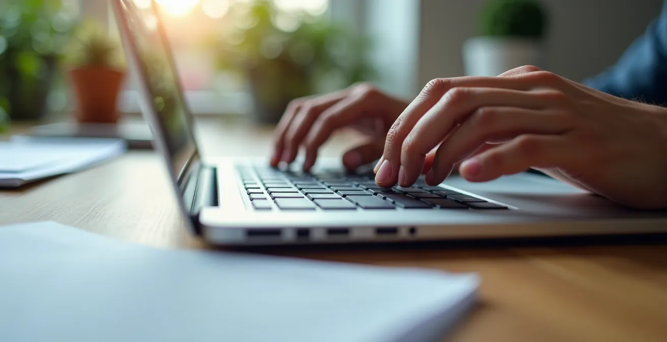 Main remplissant un formulaire de candidature avec documents professionnels sur bureau moderne