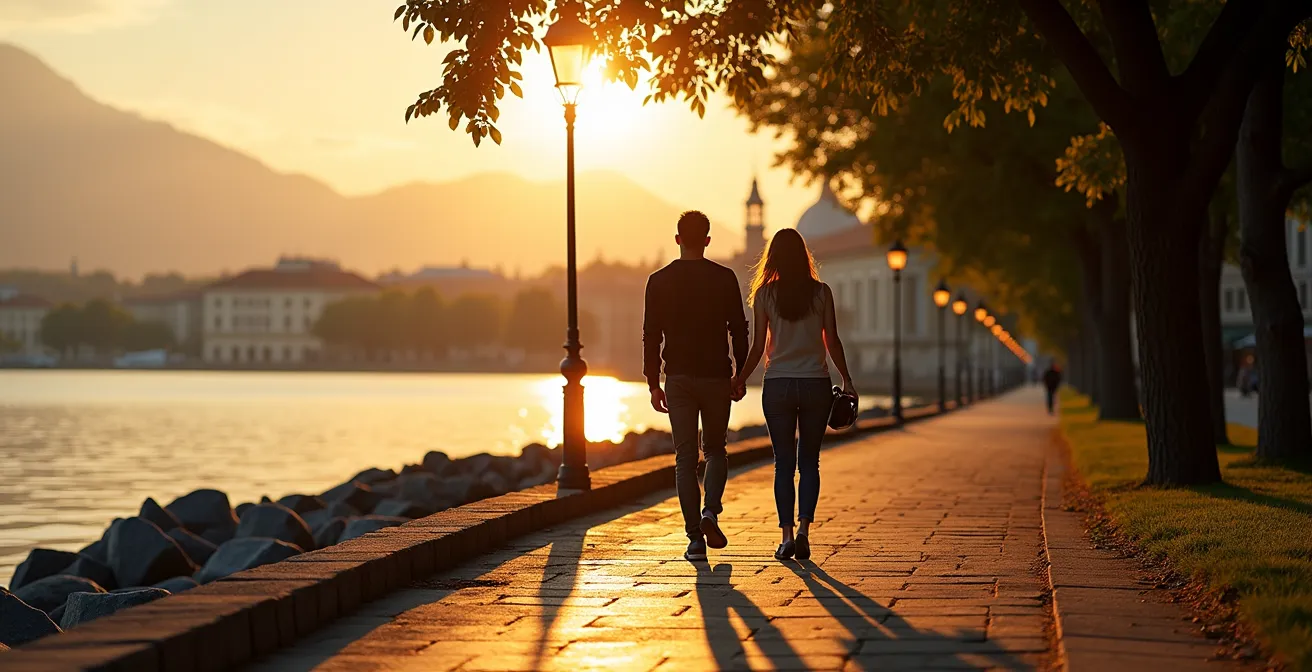 Couple se promenant au bord du lac Léman au coucher du soleil avec vue sur les quais calmes de Genève