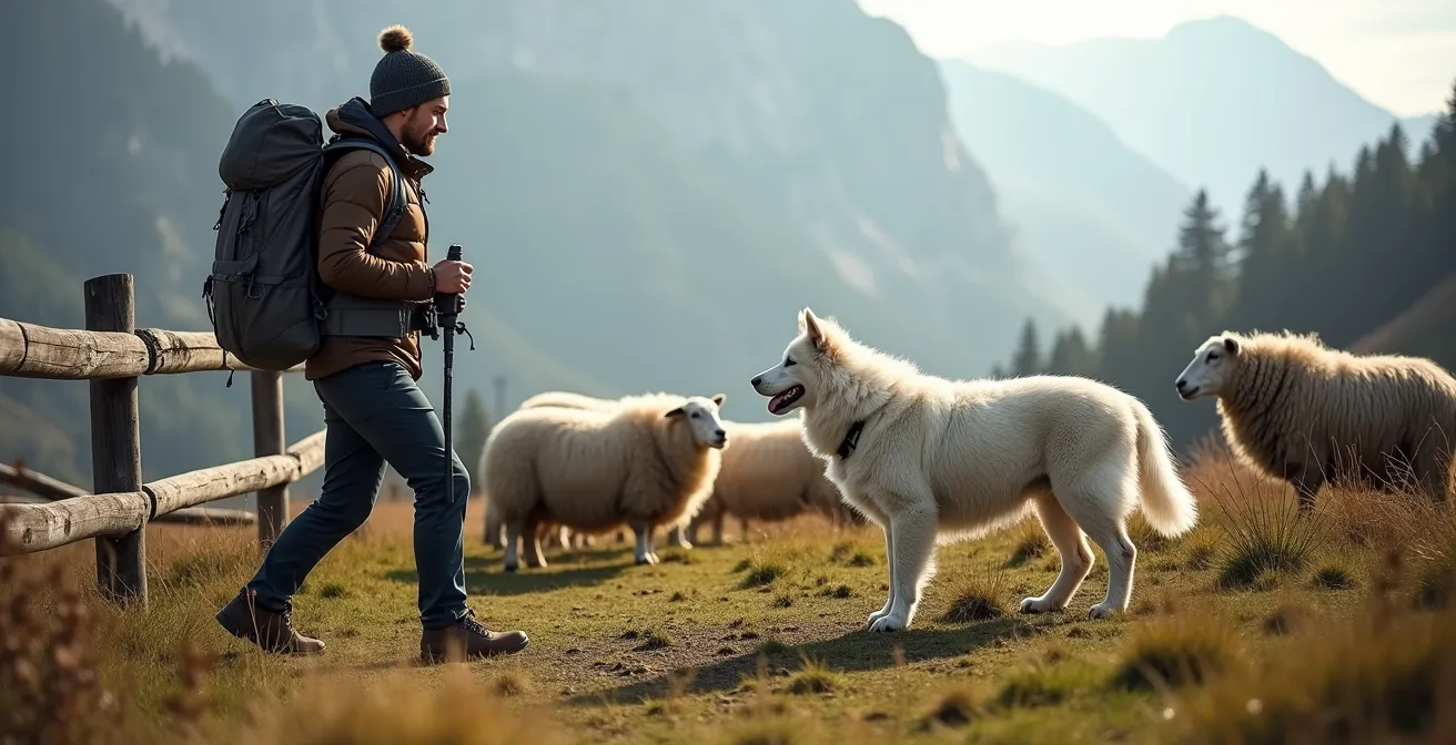 Randonneur de profil face à un chien de protection des troupeaux dans un alpage du Jura vaudois