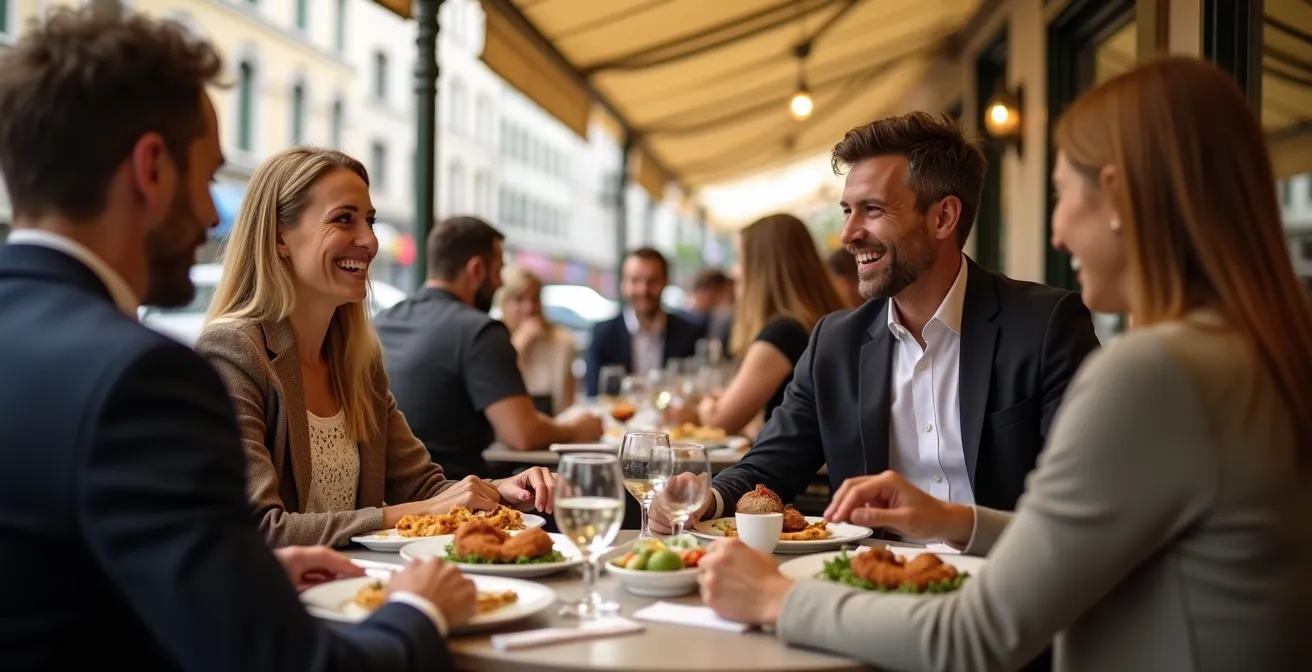 Terrasse de restaurant genevois animée avec des délégués déjeunant