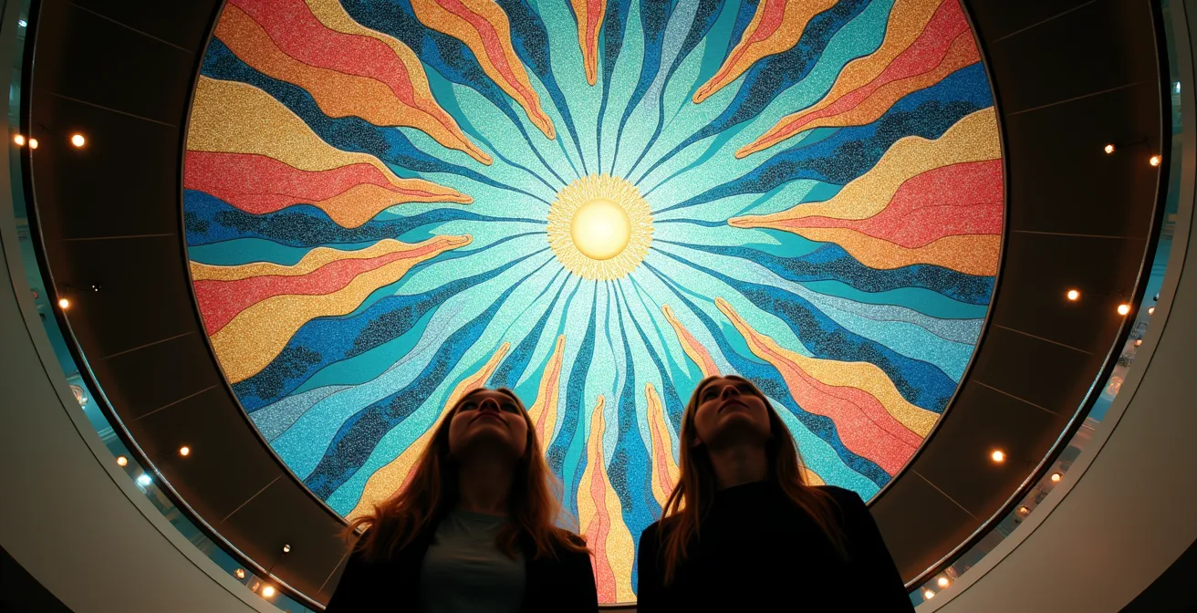 Vue spectaculaire du plafond coloré de la Salle des Droits de l'Homme au Palais des Nations