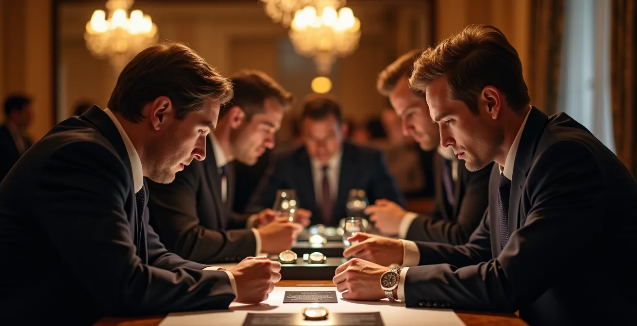 Vue intérieure d'une salle de vente aux enchères à Genève avec collectionneurs examinant des montres de luxe