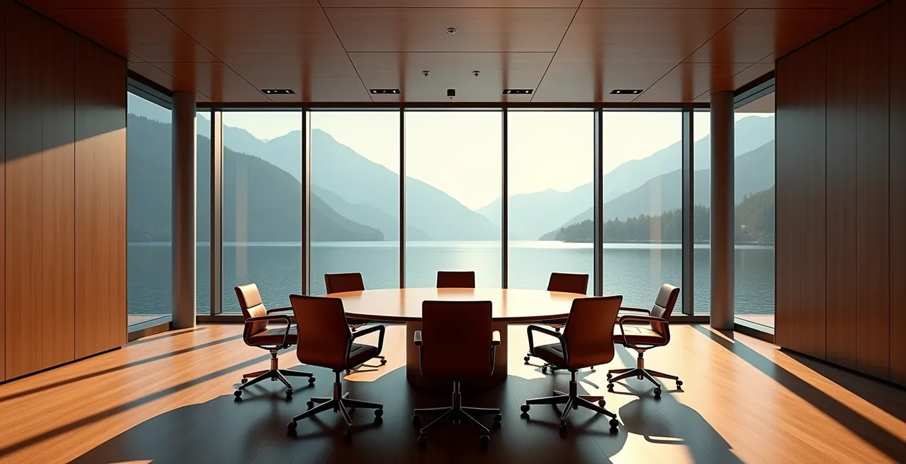 Salle de réunion élégante avec vue panoramique sur le lac Léman et architecture classique genevoise