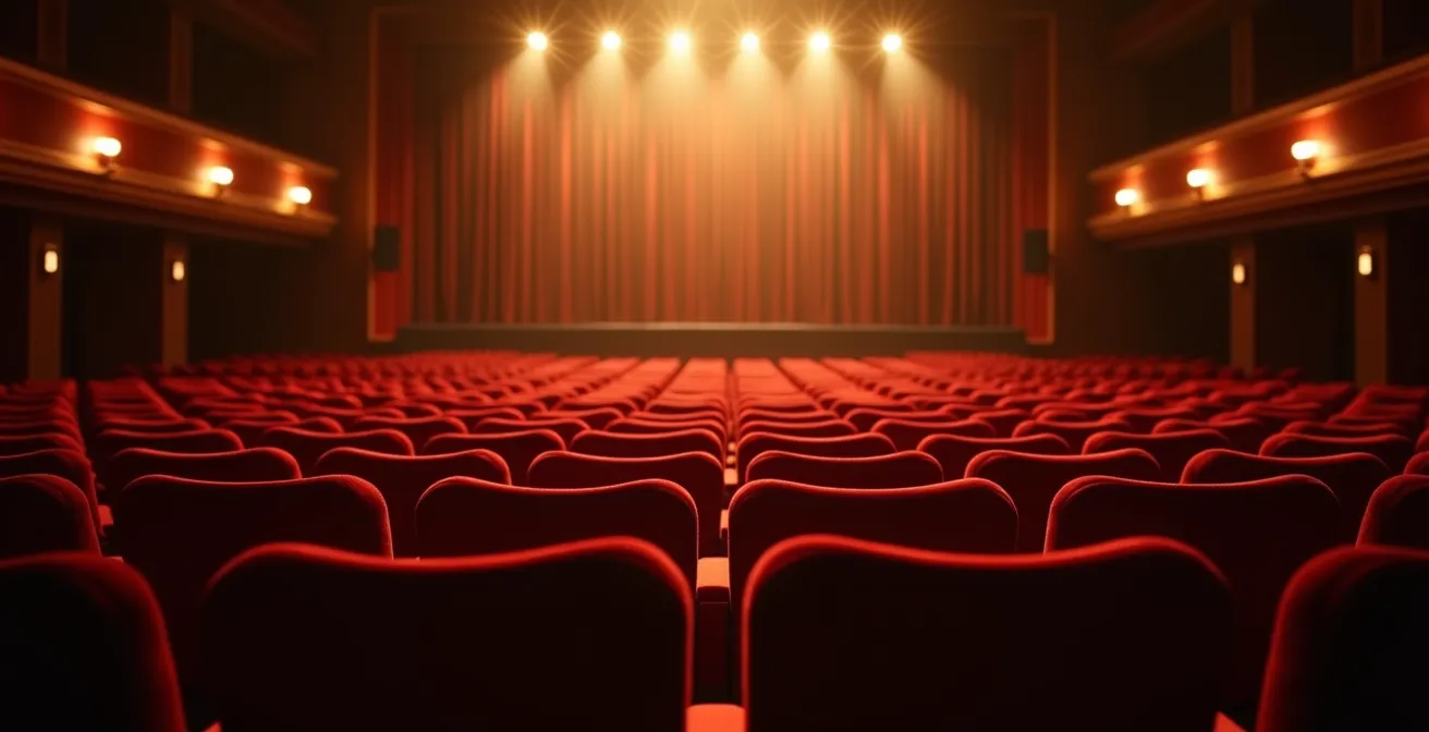 Intérieur chaleureux d'une salle de théâtre intimiste avec scène éclairée et rangées de fauteuils rouges