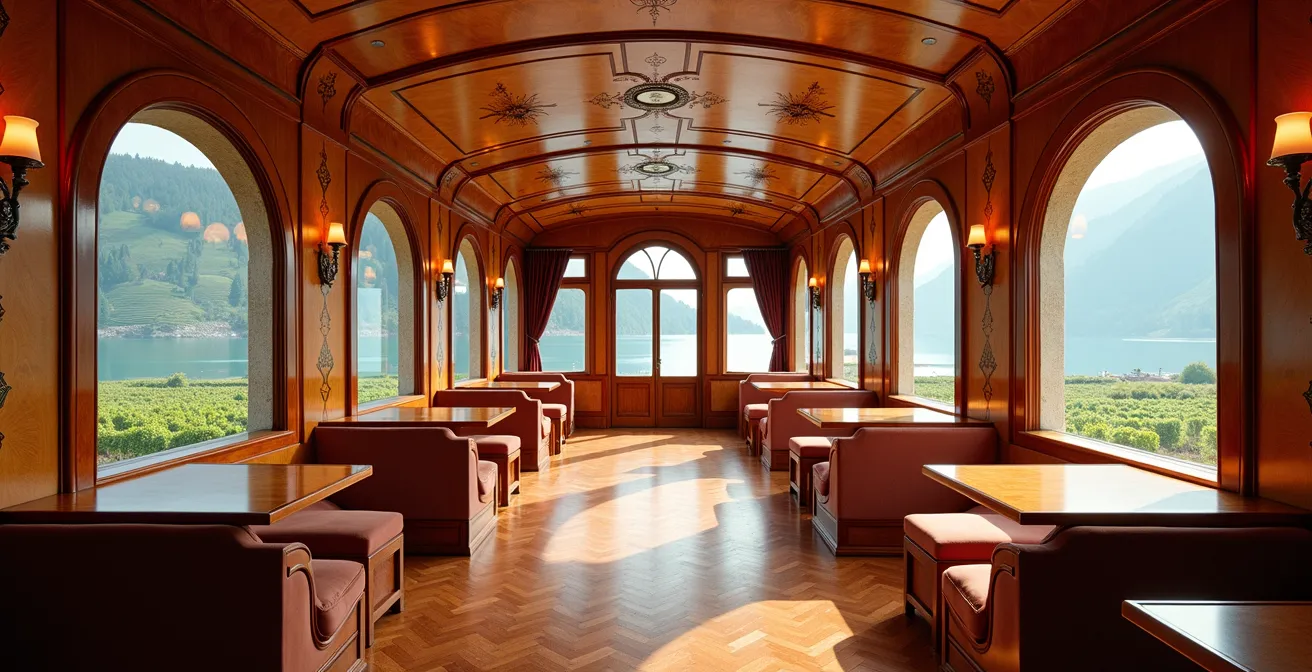 Vue intérieure du salon de première classe d'un vapeur Belle Époque avec ses boiseries marquetées donnant sur le vignoble de Lavaux