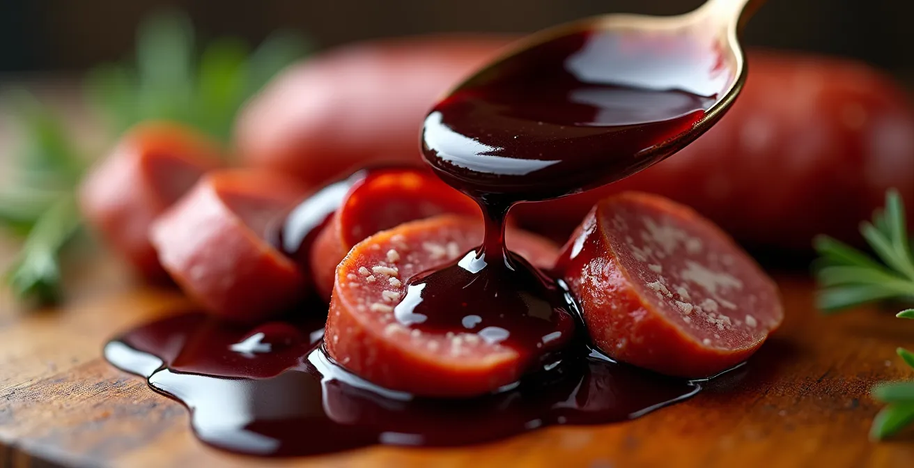 Gros plan sur une sauce rouge brillante au Gamay nappant une Longeole IGP de Genève