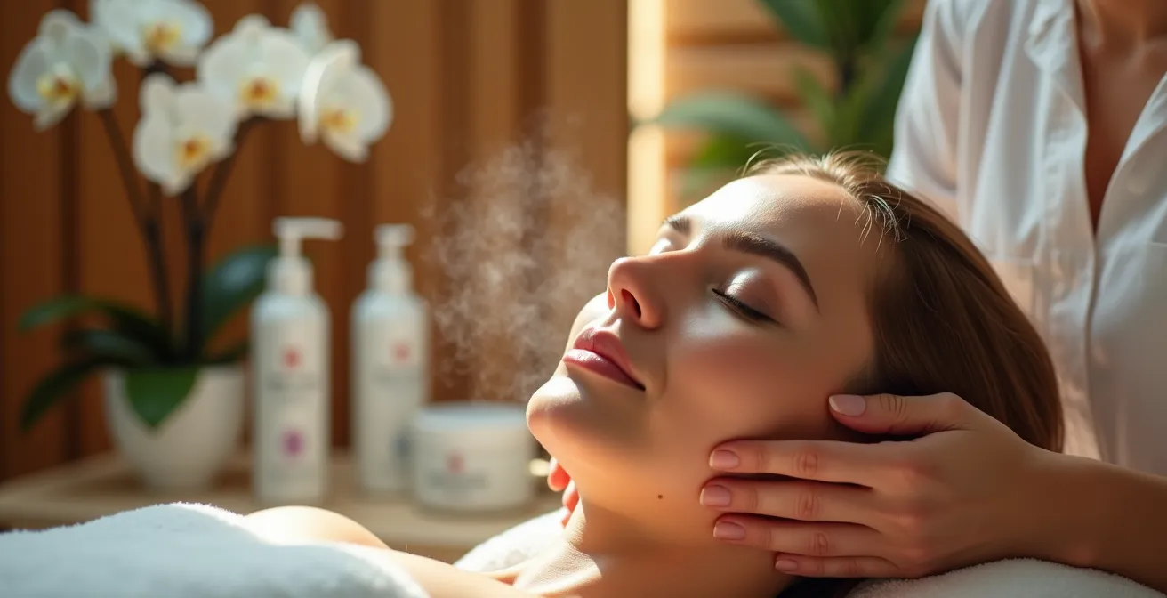 Cabine de spa luxueuse dans un palace genevois avec table de massage et ambiance zen