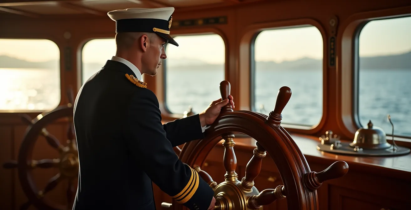 Capitaine dans la timonerie historique d'un vapeur du Léman manipulant la roue de gouvernail en laiton