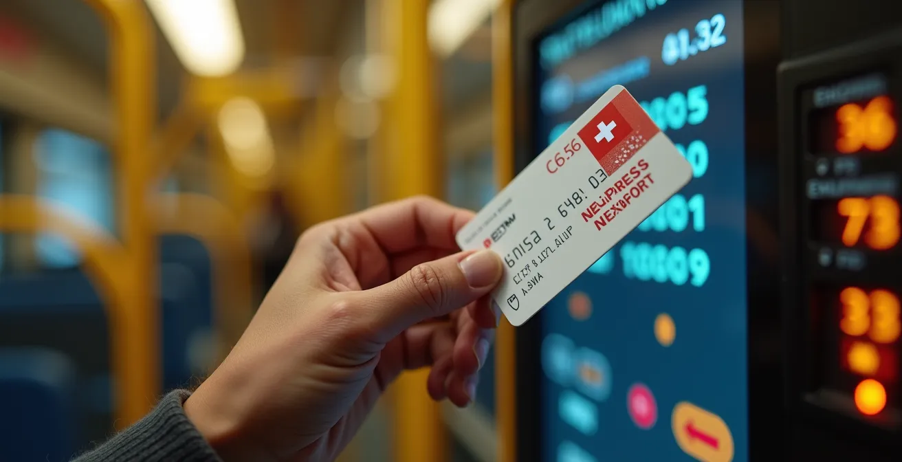 Gros plan sur une main validant un billet TPG sur une borne de Mouette genevoise