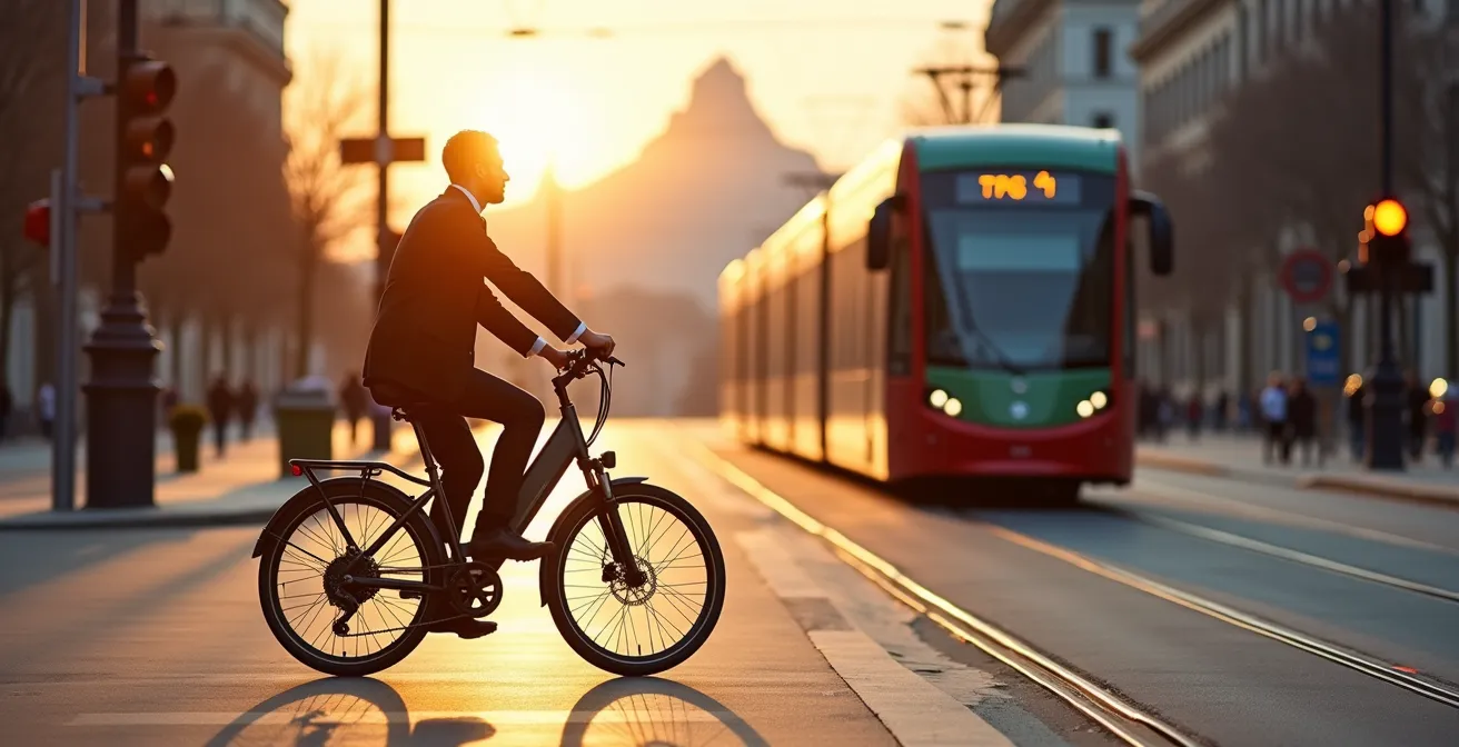 Scène urbaine à Genève montrant les différentes options de transport durable
