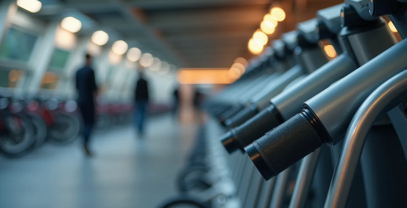 Intérieur moderne d'une Velostation avec rangements sécurisés pour vélos