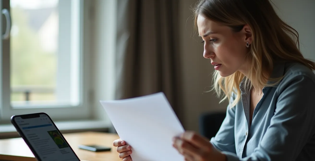 Personne vérifiant attentivement des documents bancaires avec smartphone montrant site officiel