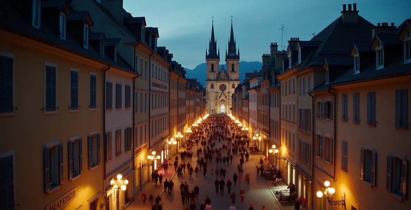 Vue panoramique de la Vieille-Ville de Genève illuminée pendant les festivités de l'Escalade