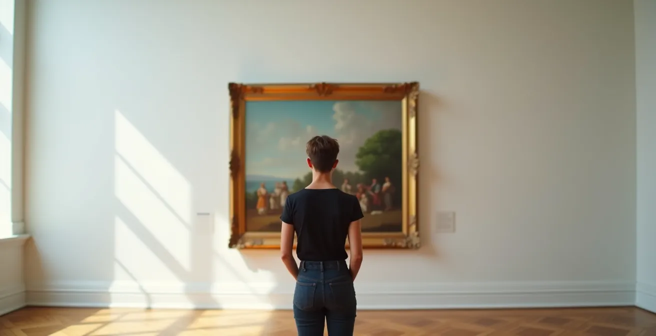 Visiteur solitaire contemplant une œuvre dans une salle de musée épurée avec lumière naturelle