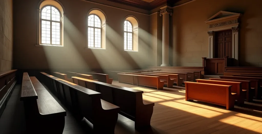 Intérieur de l'Auditoire de Calvin baigné de lumière naturelle, montrant les bancs de bois austères et l'architecture épurée caractéristique de la Réforme Intérieur de l'Auditoire de Calvin baigné de lumière naturelle, montrant les bancs de bois austères et l'architecture épurée caractéristique de la Réforme