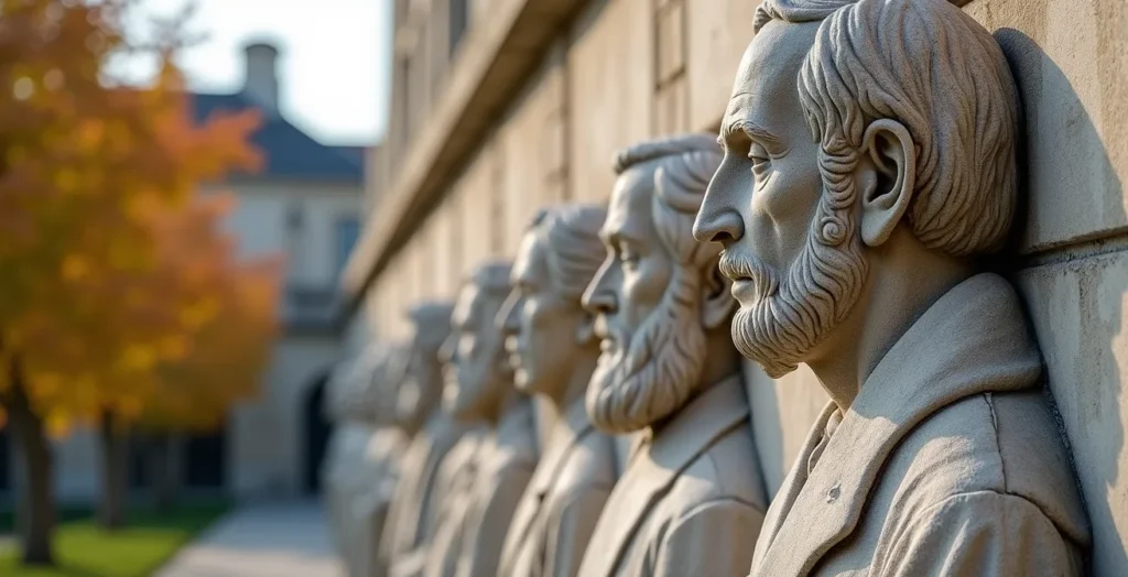 Vue latérale du Mur des Réformateurs montrant la profondeur sculpturale des statues et leur intégration dans le parc des Bastions Vue latérale du Mur des Réformateurs montrant la profondeur sculpturale des statues et leur intégration dans le parc des Bastions